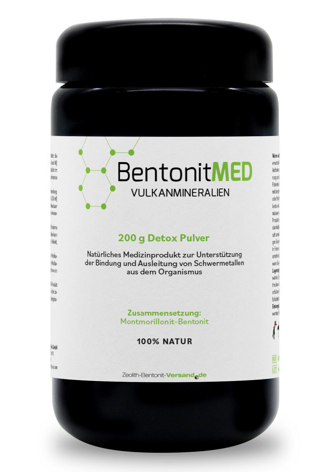 BentonitMED detox polvo 200g en vidrio de Miron violeta, producto sanitario con certificado CE