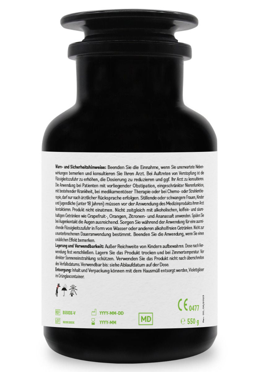 BentonitMED 550g detox powder in a Miron violet glass, medical device with CE certificate