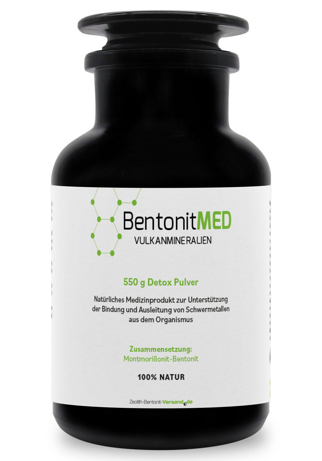BentonitMED 550g detox powder in a Miron violet glass, medical device with CE certificate