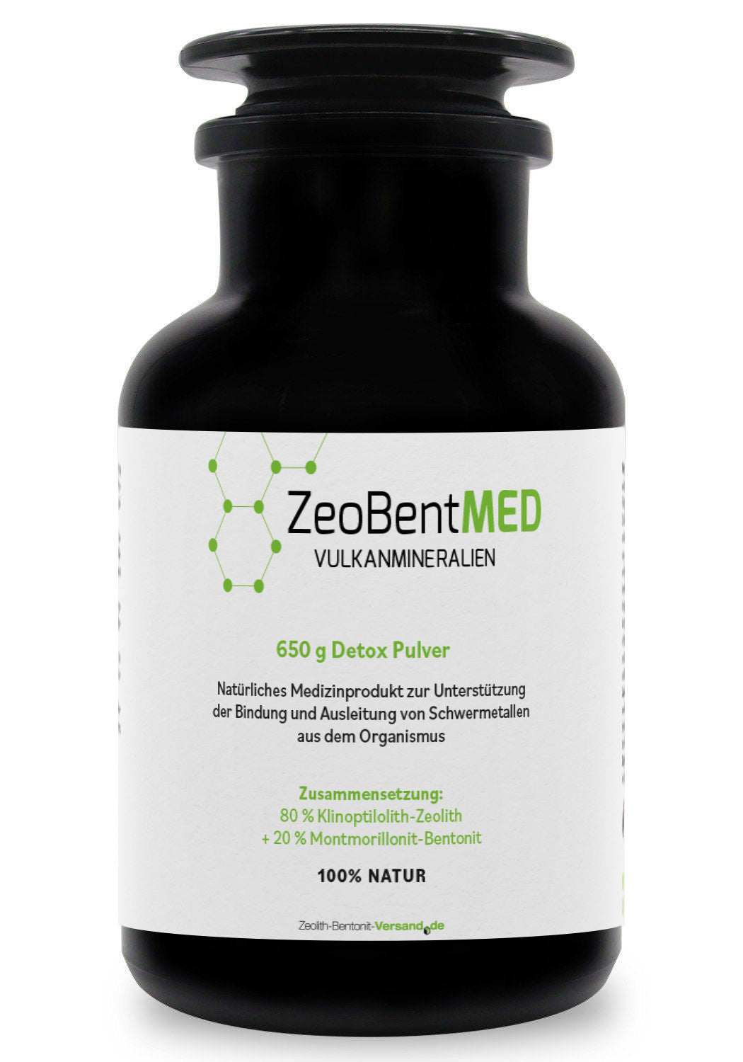 ZeoBentMED detox powder 650g in a Miron violet glass, medical device with CE certificate
