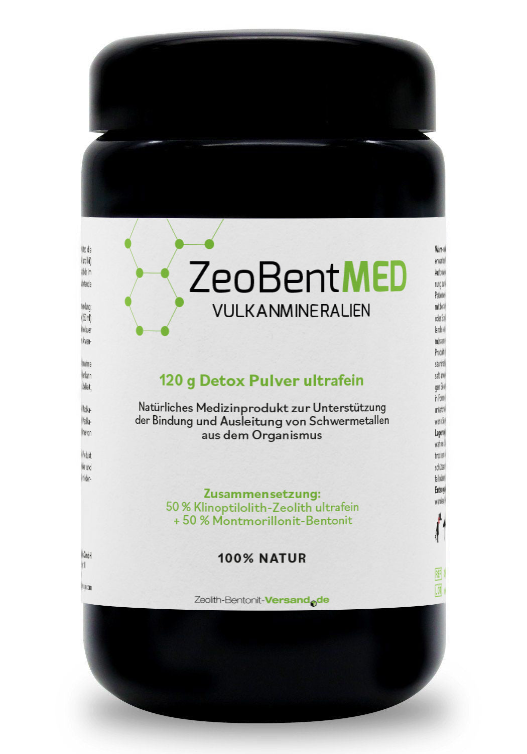ZeoBentMED polvo detox ultrafino 120g en vidrio de Miron violeta, producto sanitario con certificado CE