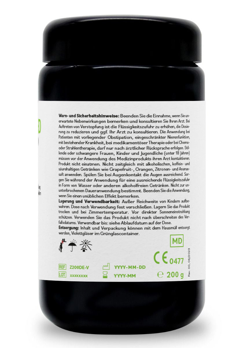 ZeolithMED detox en polvo 200g en vidrio de Miron violeta, producto sanitario con certificado CE