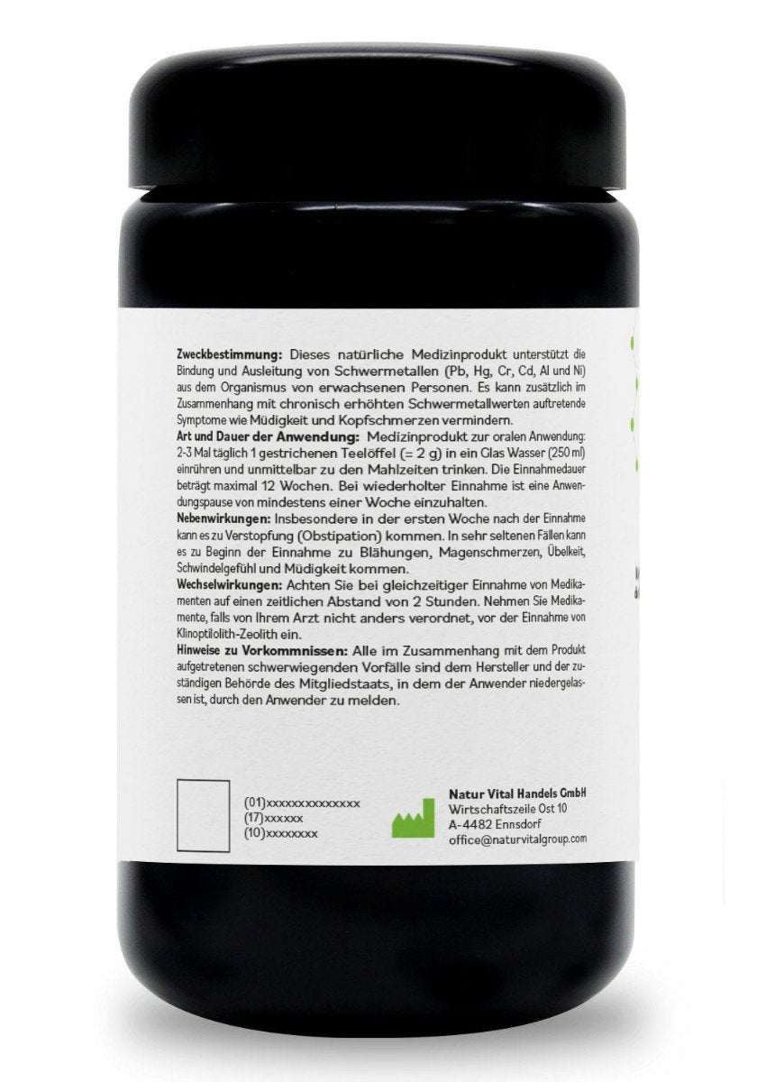 ZeolithMED detox en polvo 200g en vidrio de Miron violeta, producto sanitario con certificado CE
