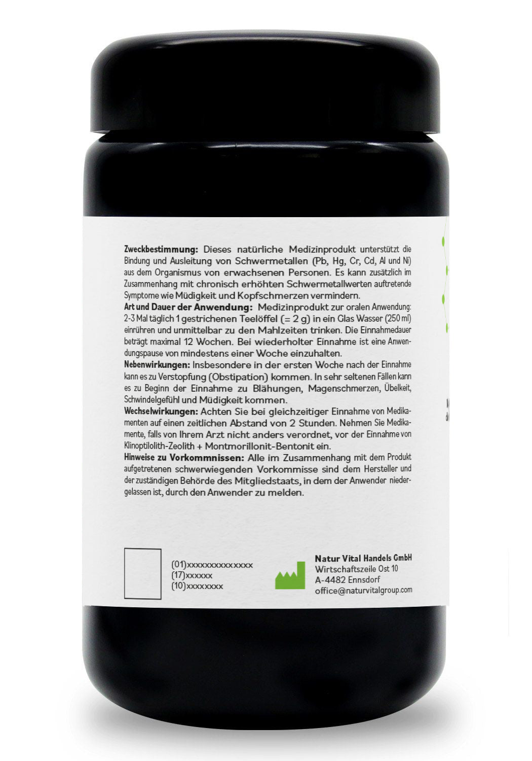 ZeoBentMED detox polvo 200g en vidrio de Miron violeta, producto sanitario con certificado CE