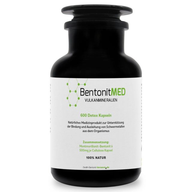 BentonitMED 600 cápsulas de desintoxicación en vidrio de Miron violeta, producto sanitario con certificado CE