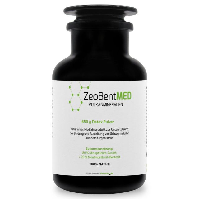 ZeoBentMED polvo detox 650g en vidrio de Miron violeta, producto sanitario con certificado CE