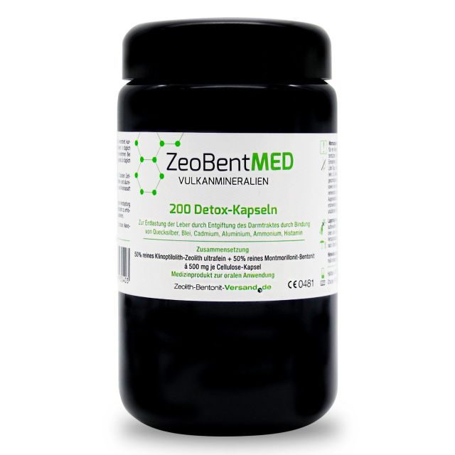 ZeoBentMED 200 Cápsulas desintoxicantes en envase de vidrio violeta, Producto sanitario
