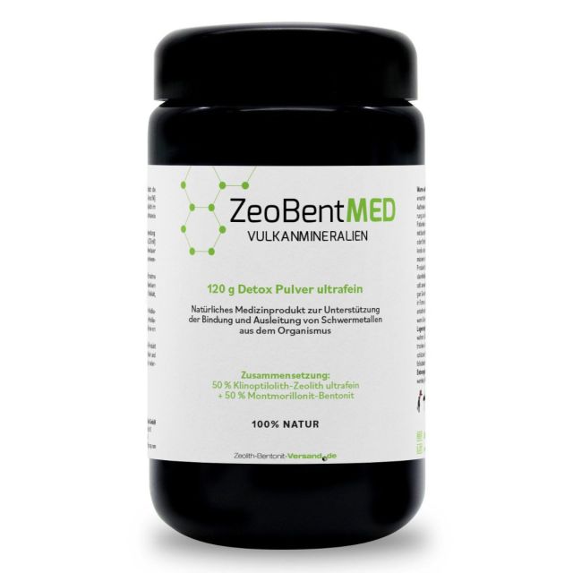 ZeoBentMED polvo detox ultrafino 120g en vidrio de Miron violeta, producto sanitario con certificado CE
