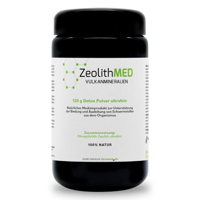 ZeolithMED polvo detox ultrafino 120g en vidrio de Miron violeta, producto sanitario con certificado CE